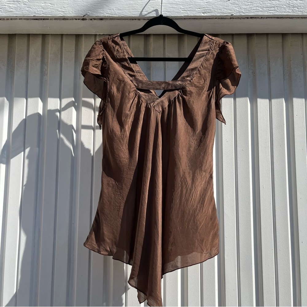 ROXANNE HEPTNER brown silk sheer chiffon draped sleeveless tank top